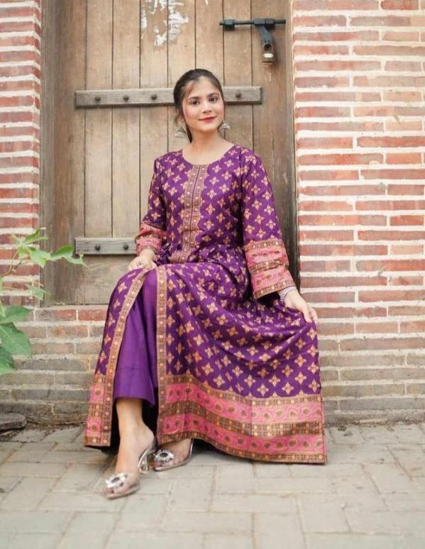 Women's Purple Cotton 2-Piece Maxi & Trouser Set – Printed Design