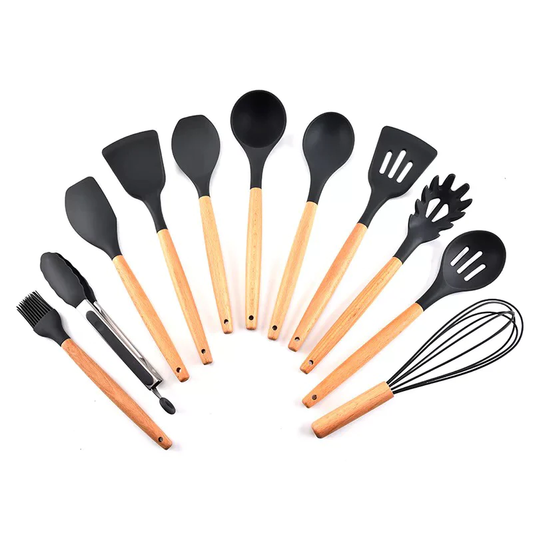 Silicone Cooking Utensils Set: 12-Piece, Wooden Handle