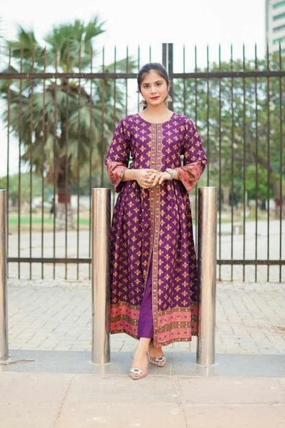 Women's Purple Cotton 2-Piece Maxi & Trouser Set – Printed Design