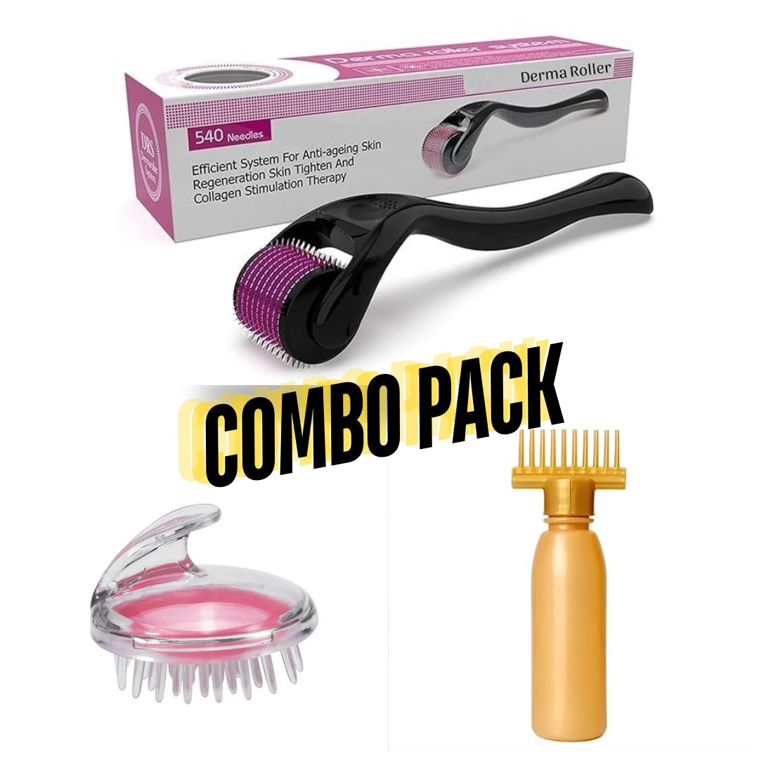 Combo deal 1 Derma Roller , Silicone Scalp Massage Brush , Oil Bottle