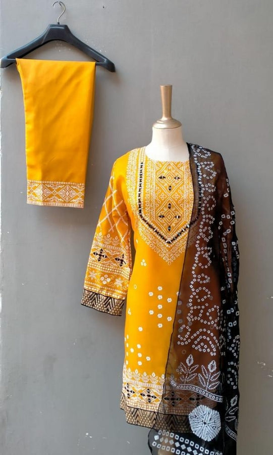 Women's Katan Silk 3-Piece Set – Printed Shirt, Trouser, & Dupatta