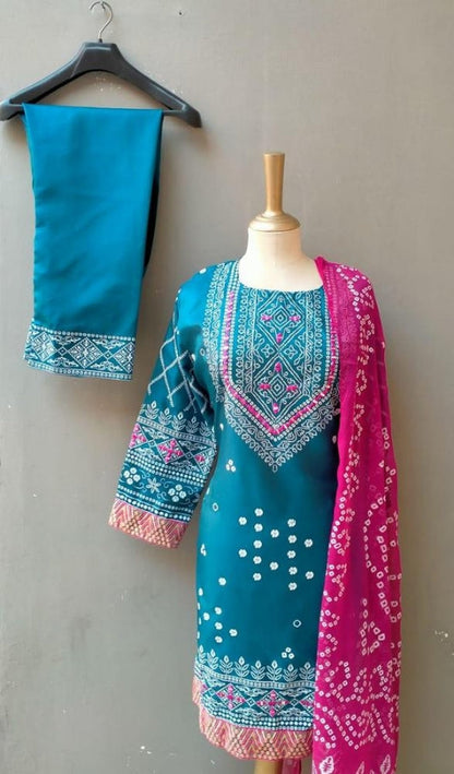 Women's Blue Katan Silk 3-Piece Set – Printed Shirt, Trouser, & Dupatta