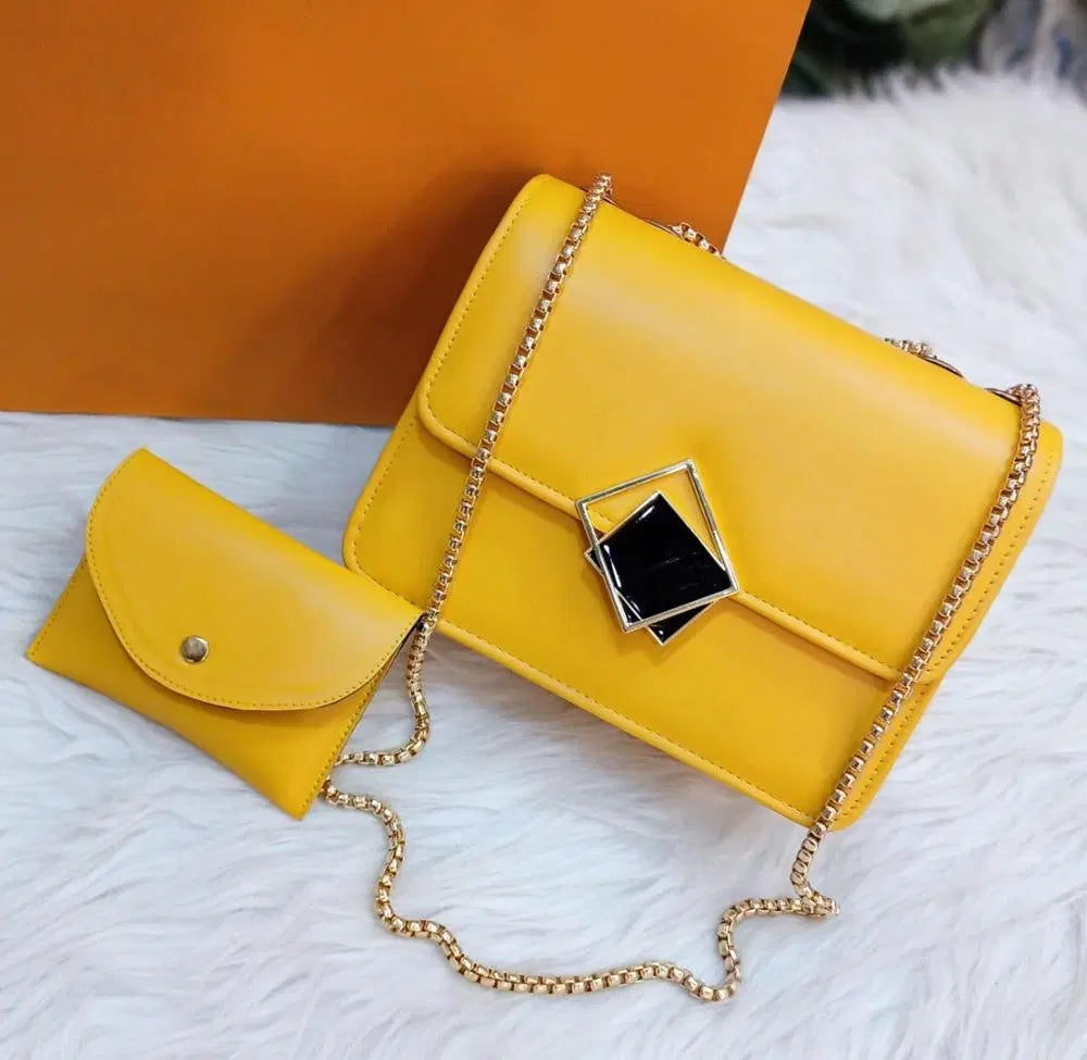 2 Pcs PU Leather Hand Bag Set with Long Golden Chain for Girls