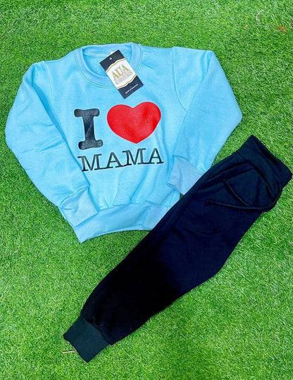 I ❤️ Mama/Papa- Cozy Printed Fleece Tracksuit Set for Kids