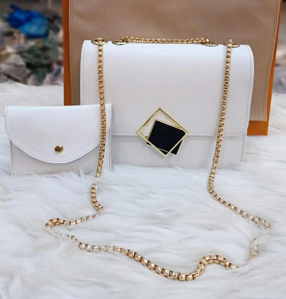 2 Pcs PU Leather Hand Bag Set with Long Golden Chain for Girls