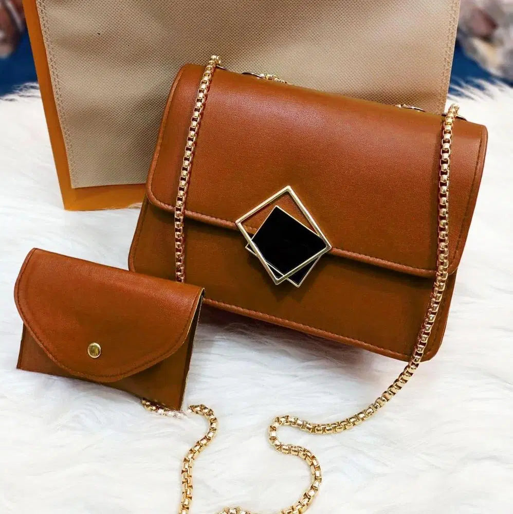 2 Pcs PU Leather Hand Bag Set with Long Golden Chain for Girls