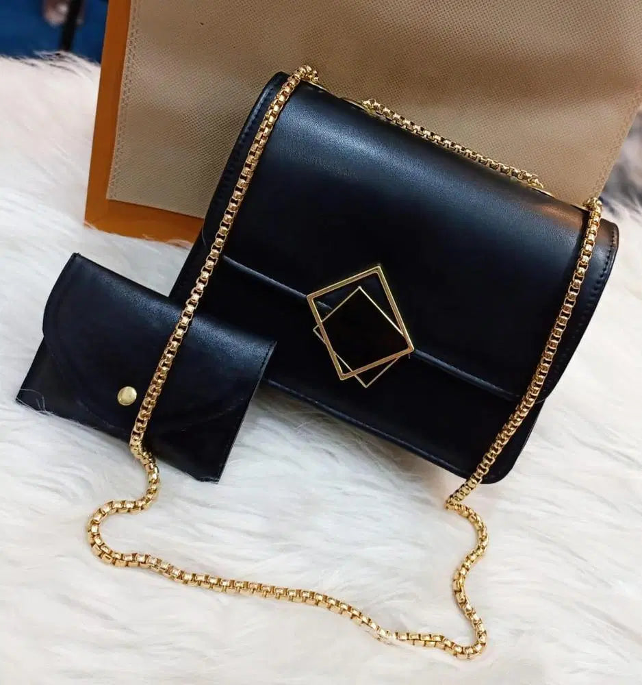 2 Pcs PU Leather Hand Bag Set with Long Golden Chain for Girls